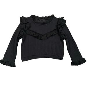KAS New York Black Ruffle Knit Top Goth Dark Academia Long Sleeve Cropped - S